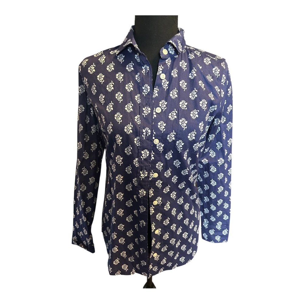 J Crew Women Navy Blue Floral Long Sleeve Button Down Shirt Size XX Small